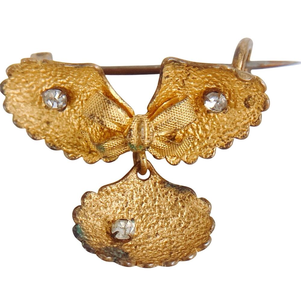 Antique Victorian Gold Tone Bow & Shell Brooch Glass Rhinestones, C Clasp, 1800s